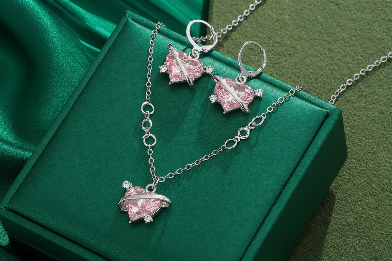 Silver jewelry set with pink heart-shaped stones on a beige box.