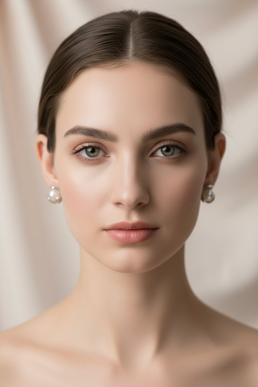 Pair of silver earrings with pearl-like centers on a dark surface