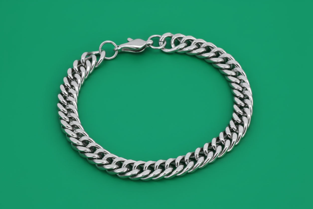 Silver chain bracelet on a dark background with text about double-woven design and width.