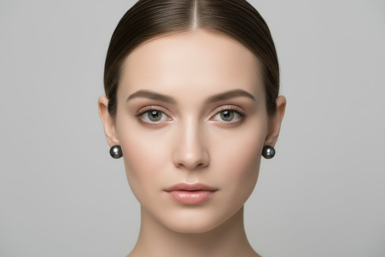 Pair of pearl stud earrings on a white background