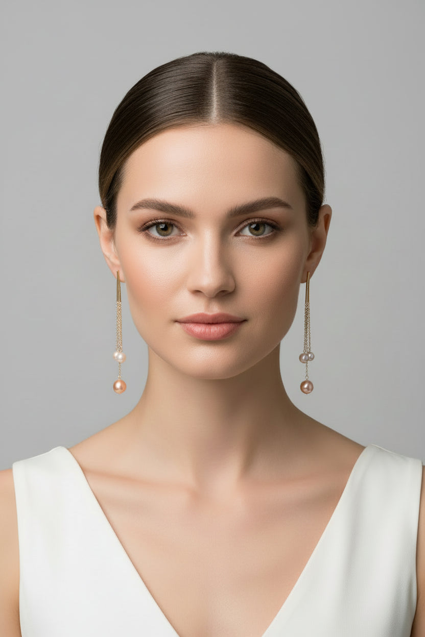 Pearl earrings with chains on a red background