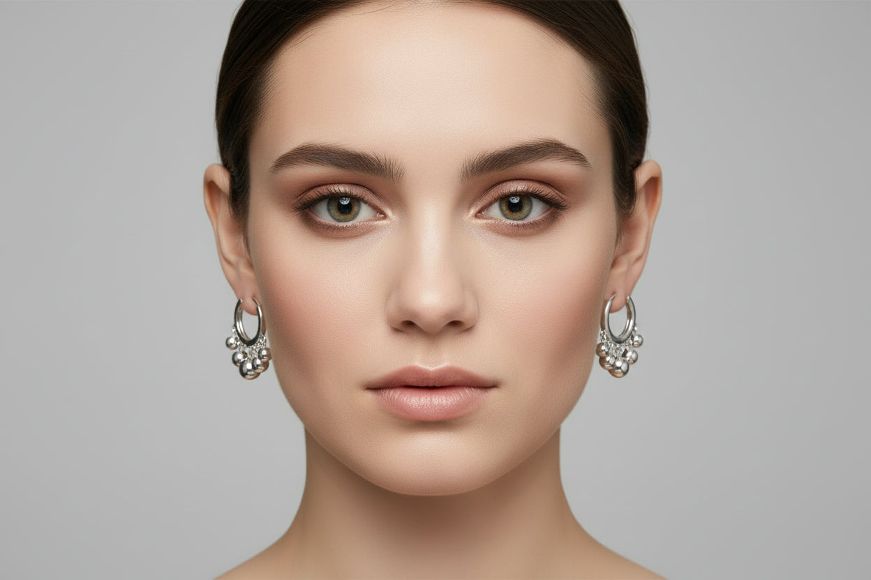 Silver hoop earrings with dangling beads on a green background