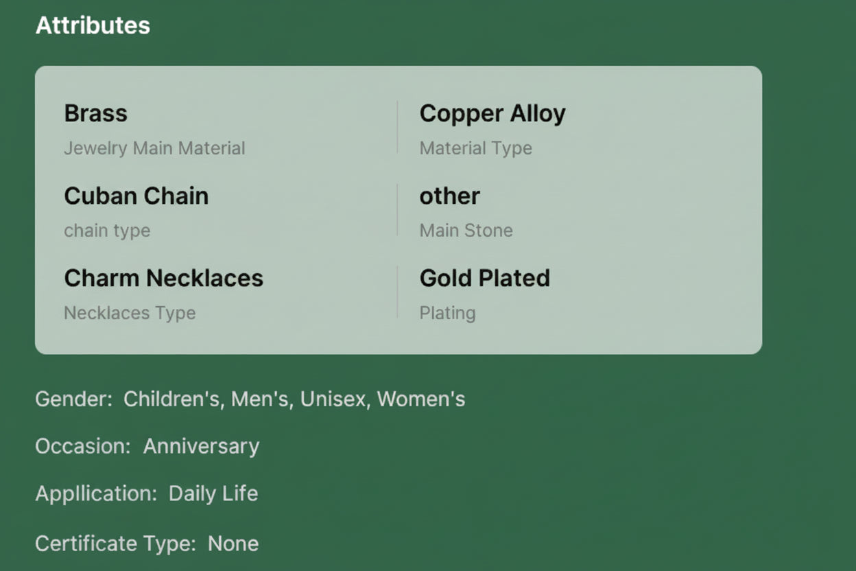 Product attributes list for jewelry including material, chain type, plating, and more.