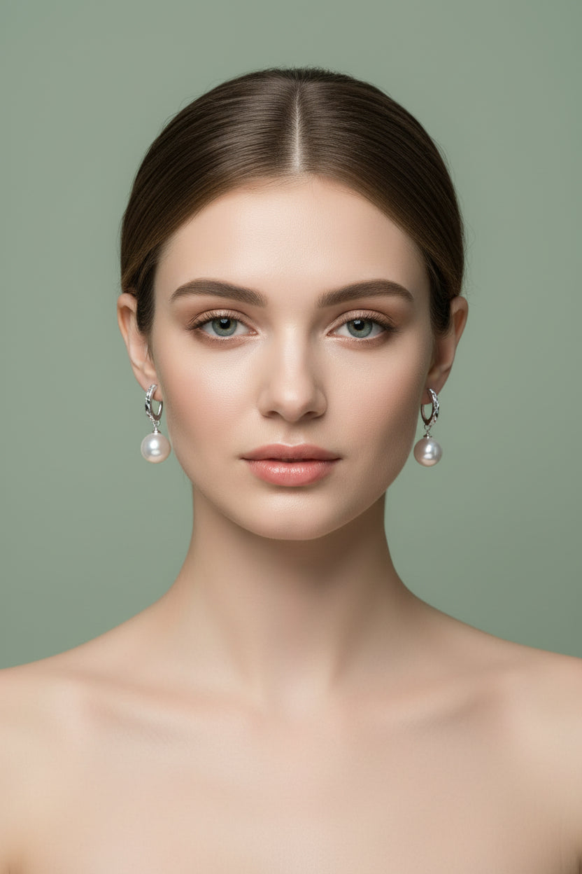 Pearl earrings with silver hooks on a white background