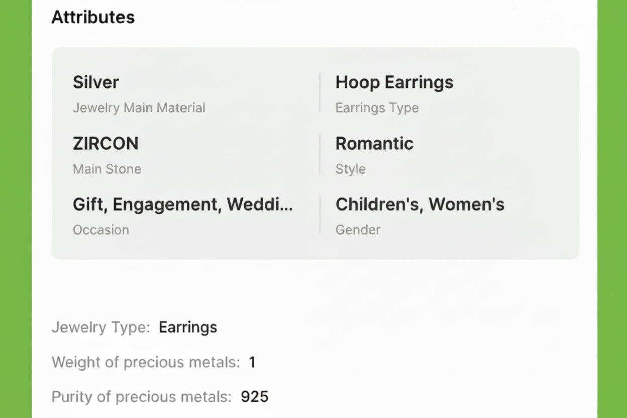 Product description card with jewelry attributes including material, type, style, gender, and origin.