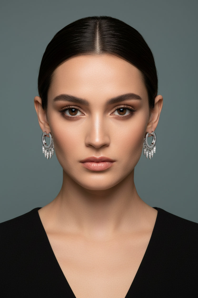 Pair of silver hoop earrings with small dangling elements on a white background