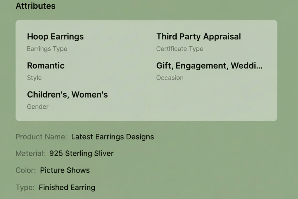 Product details of hoop earrings including material, color, and origin on a white background