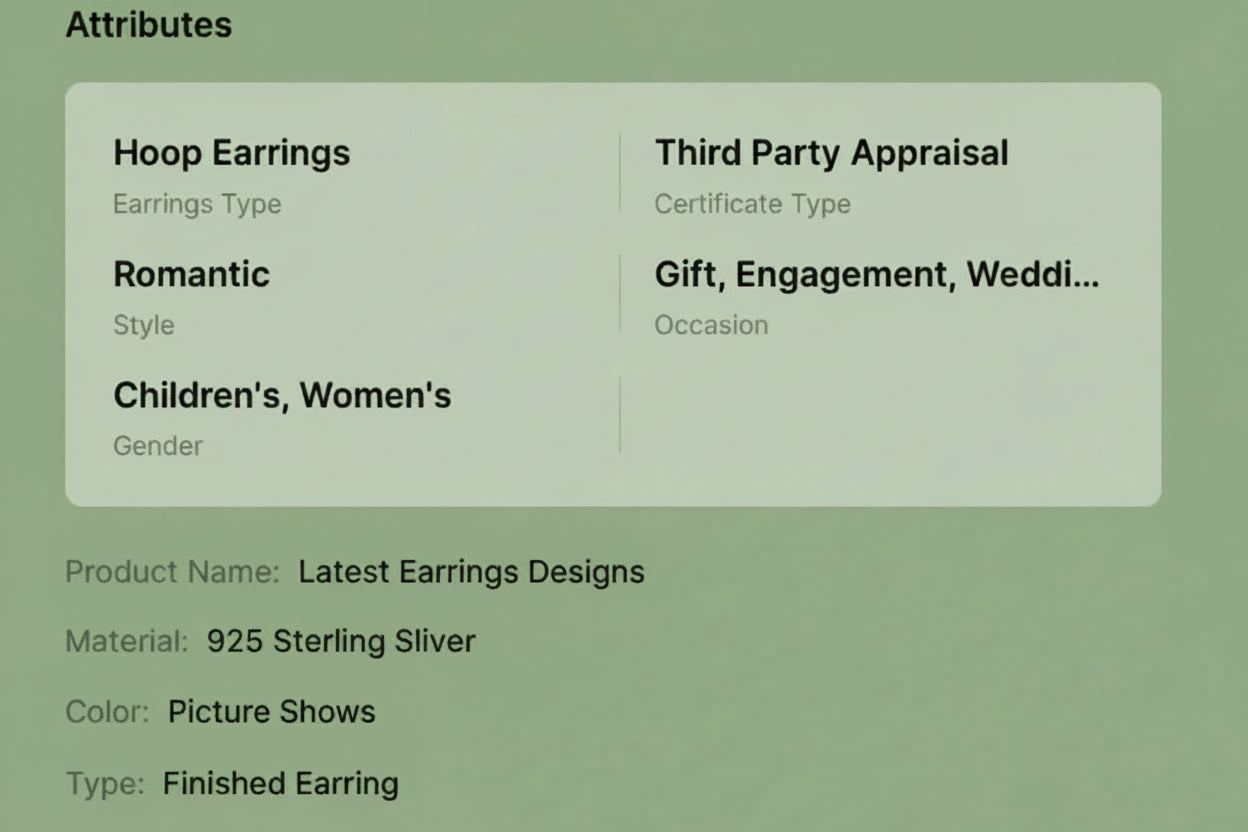 Product details of hoop earrings including material, color, and origin on a white background