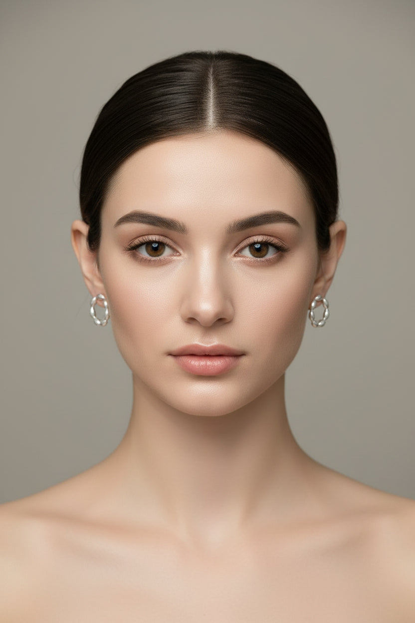 Silver hoop earrings on a reflective surface