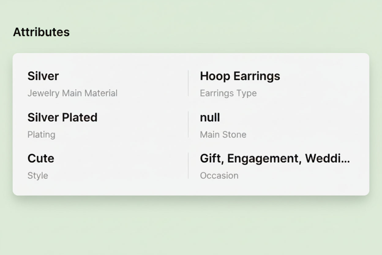 Product attributes list for silver hoop earrings on a white background