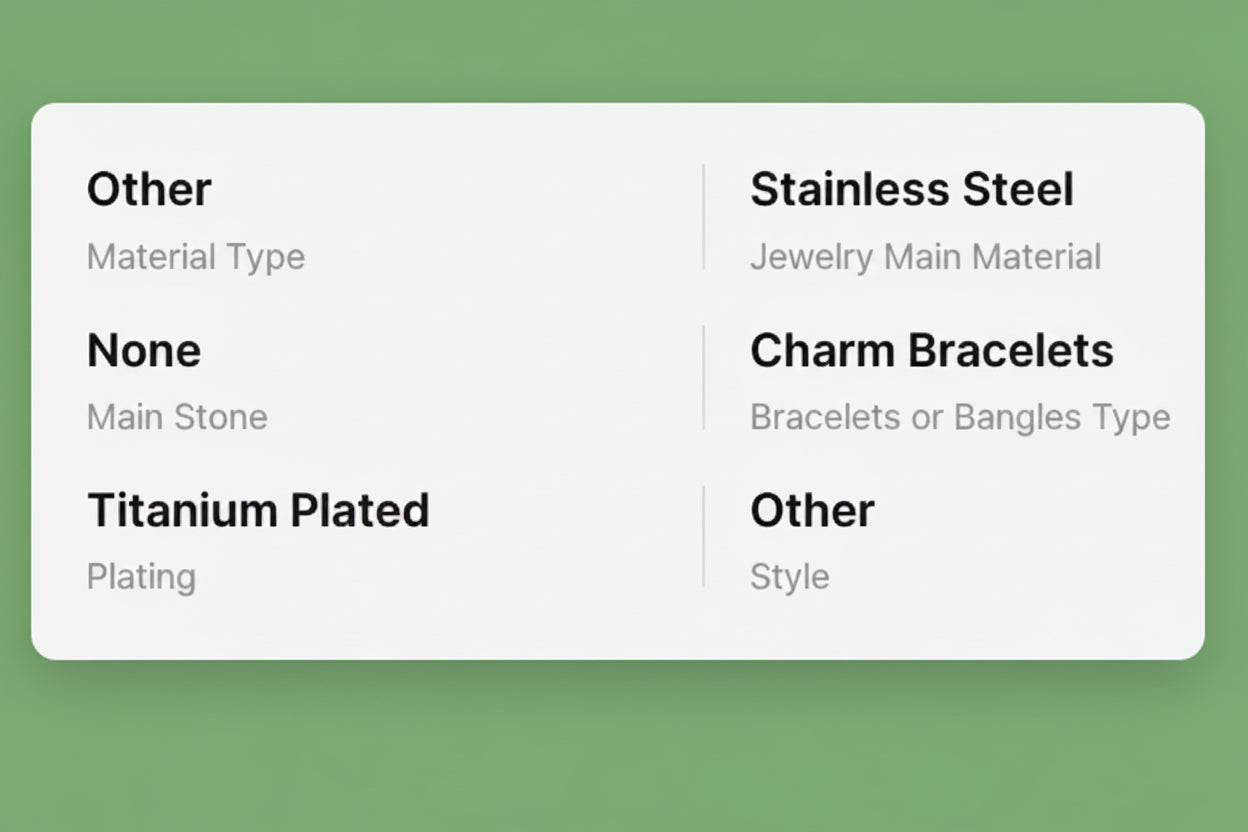 Product information card with material, stone, plating, and style details.