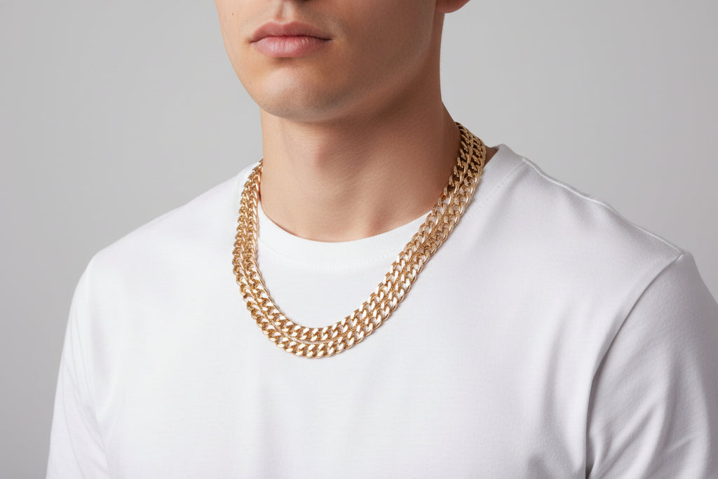 Gold chain necklace with Xuping Jewelry logo on a white background
