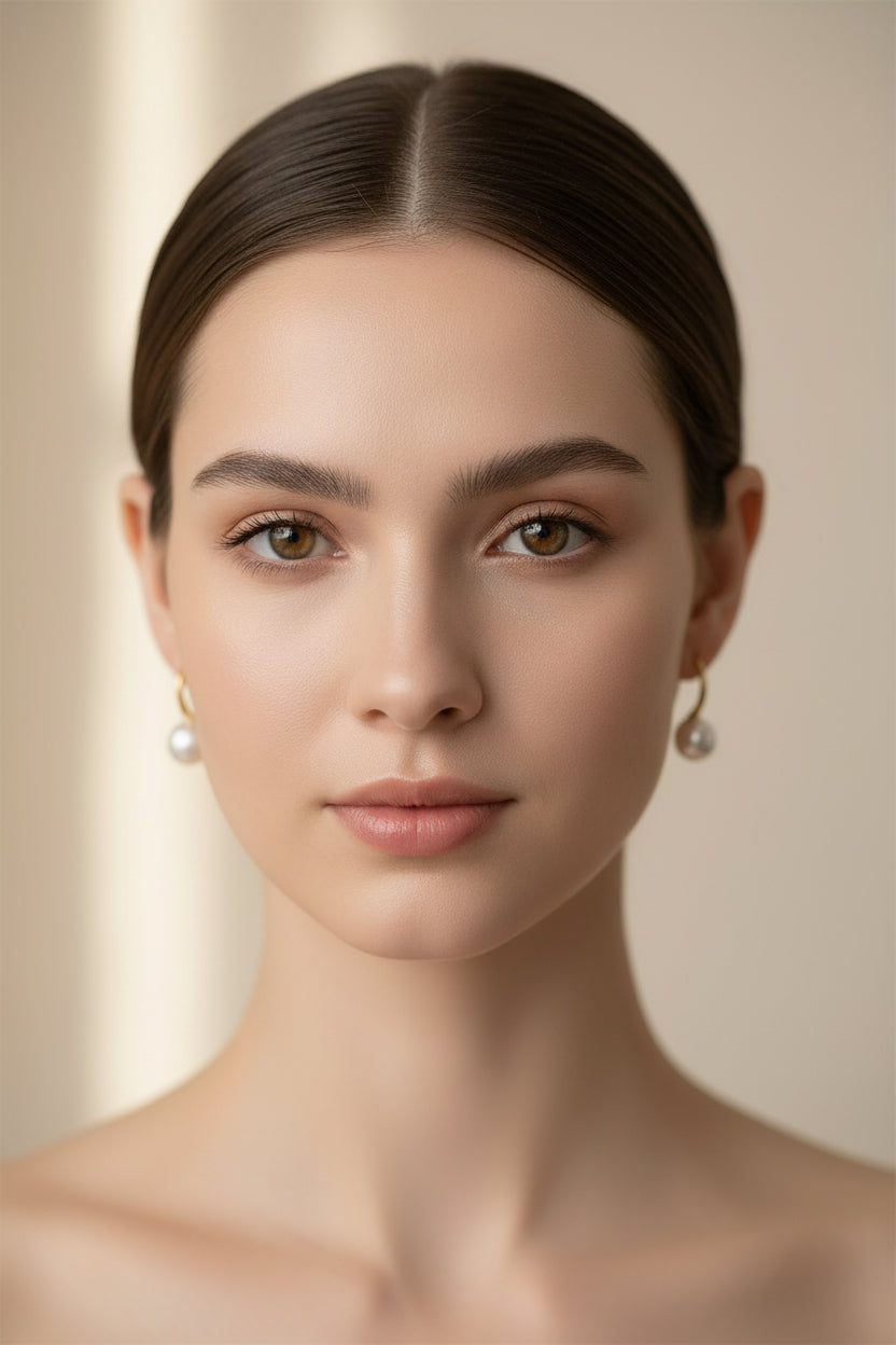 Pearl earrings with gold hooks on a dark surface