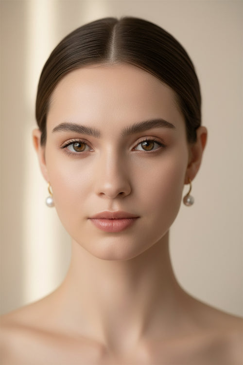 Pearl earrings with gold hooks on a dark surface