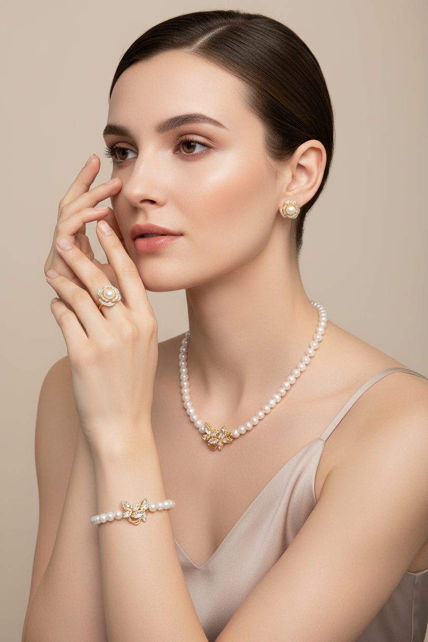 Pearl and gold jewelry set in a white box