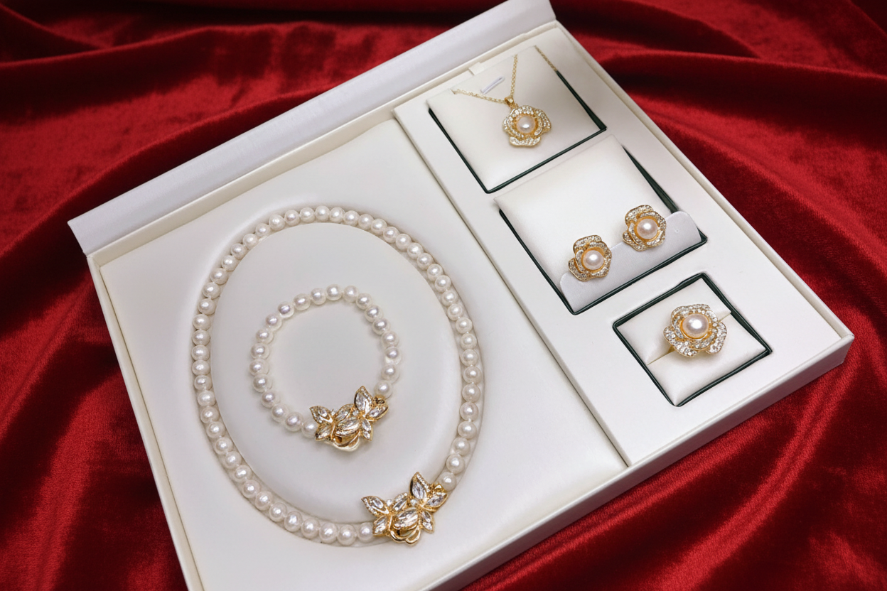 Pearl and gold jewelry set in a white box