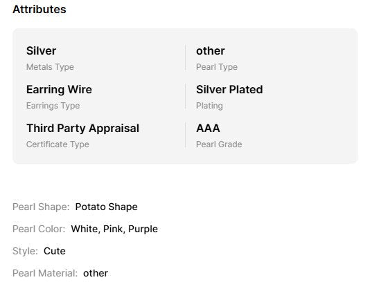 Product details of a silver earring with pearl on a white background