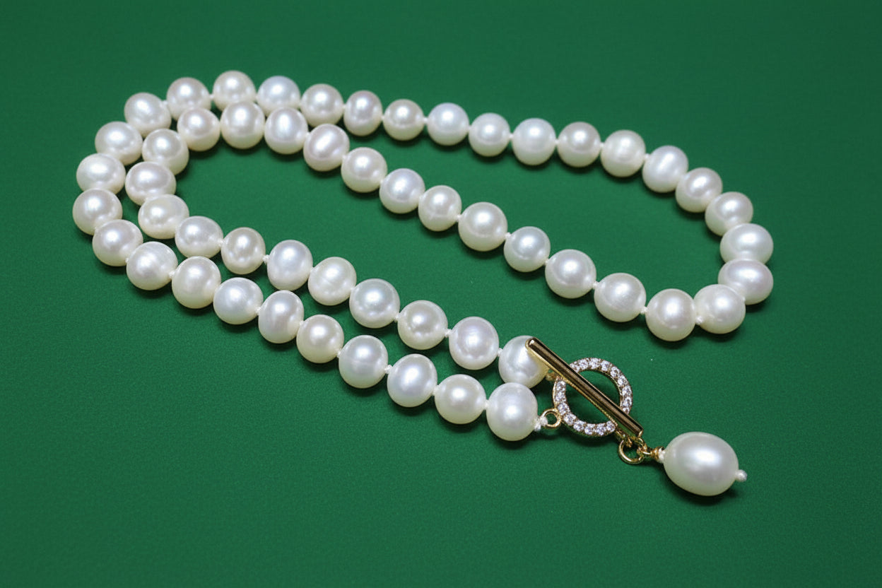 Pearl necklace with a gold clasp on a white background